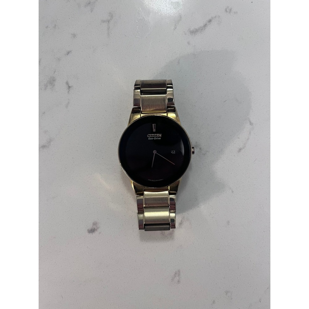 Citizen Eco-Drive Mens Watch AU1062-56E Gold Tone Black Dial Minimalist Date